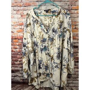 White floral Roaman's long sleeve button up semi-sheer top blouse women's 32W